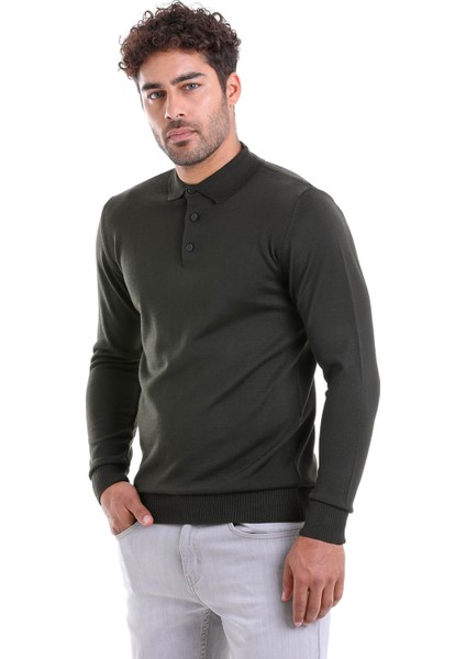Erkek Haki Regular Fit Yünlü Desenli Polo Yaka Triko Kazak fırsatları
