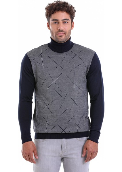 Erkek Lacivert Regular Fit Yünlü Desenli Balıkçı Yaka Triko Kazak