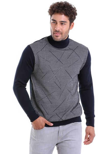 Erkek Lacivert Regular Fit Yünlü Desenli Balıkçı Yaka Triko Kazak fiyatları