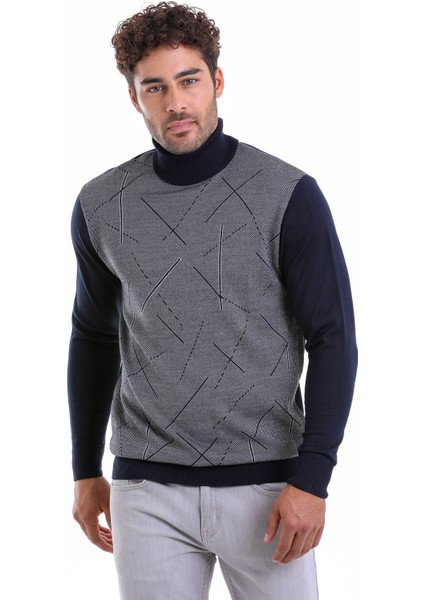 Erkek Lacivert Regular Fit Yünlü Desenli Balıkçı Yaka Triko Kazak modelleri