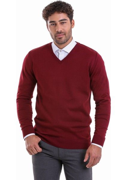 Erkek Bordo Regular Fit Yünlü Düz V Yaka Triko Kazak
