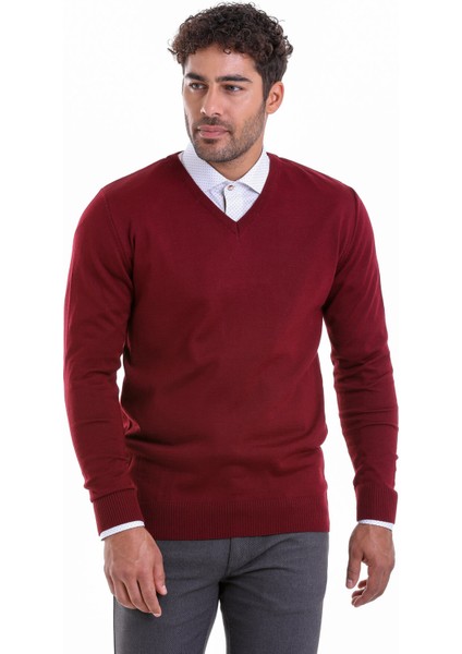 Erkek Bordo Regular Fit Yünlü Düz V Yaka Triko Kazak fiyatları
