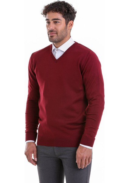 Erkek Bordo Regular Fit Yünlü Düz V Yaka Triko Kazak modelleri