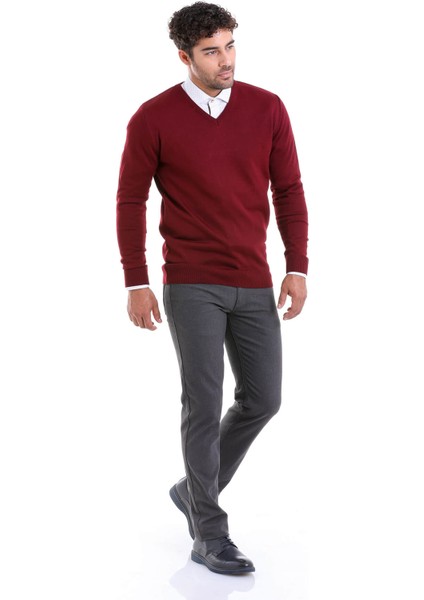 Erkek Bordo Regular Fit Yünlü Düz V Yaka Triko Kazak fırsatları