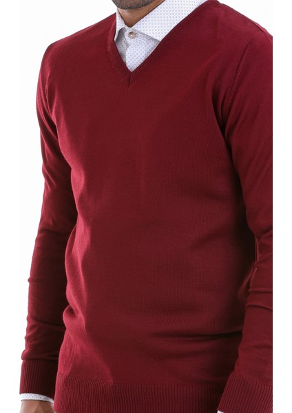 Erkek Bordo Regular Fit Yünlü Düz V Yaka Triko Kazak indirimleri