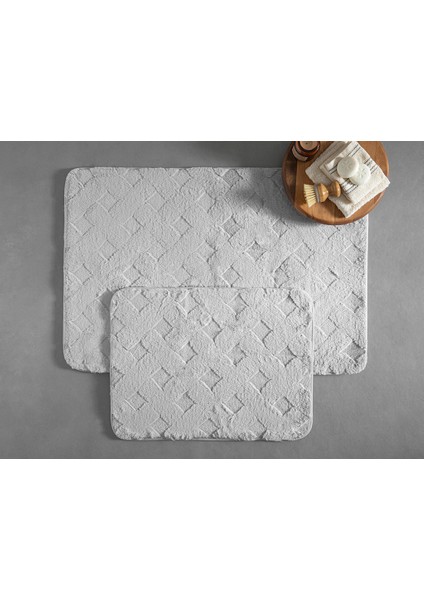 Modest Grid Rabbit Peluş Banyo Paspası Setı 60 x 90 CM+45 x 60 cm Gri