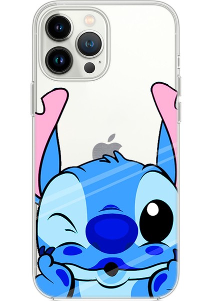 iPhone 14 Pro Max Uyumlu Stitch Desenli Şeffaf Silikonlu Telefon Kılıfı