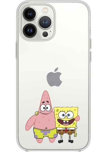 iPhone 14 Pro Max Uyumlu Sünger Bob ve Patrick Star Desenli Şeffaf Silikonlu Telefon Kılıfı