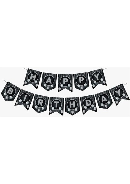 Zikzak Banner Ofset Siyah Gümüş Happy Birthday