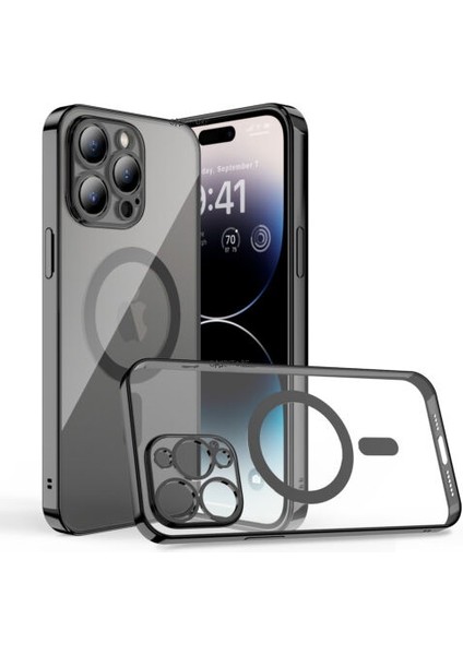 Iphone Apple 14 Pro Max Uyumlu 6.7inç Kılıf Magsafe Halkalı Gbox Kamera Lens Korumalı Parlak Şeffaf Silikon Derin Mor Magnetik Wireless Şarj Özellikli Parlak Mor Kenarlı