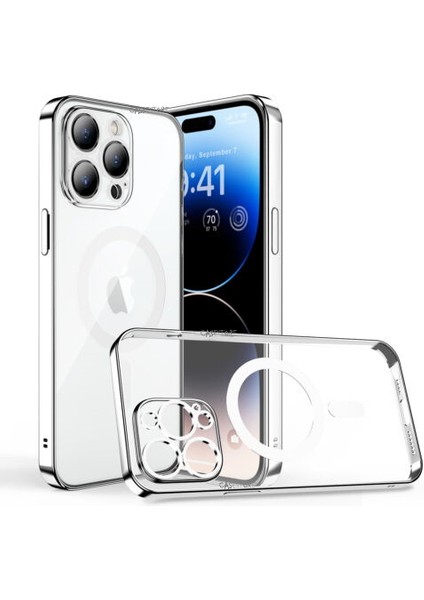 Iphone Apple 14 Pro Max Uyumlu 6.7inç Kılıf Magsafe Halkalı Gbox Kamera Lens Korumalı Parlak Şeffaf Silikon Derin Mor Magnetik Wireless Şarj Özellikli Parlak Mor Kenarlı