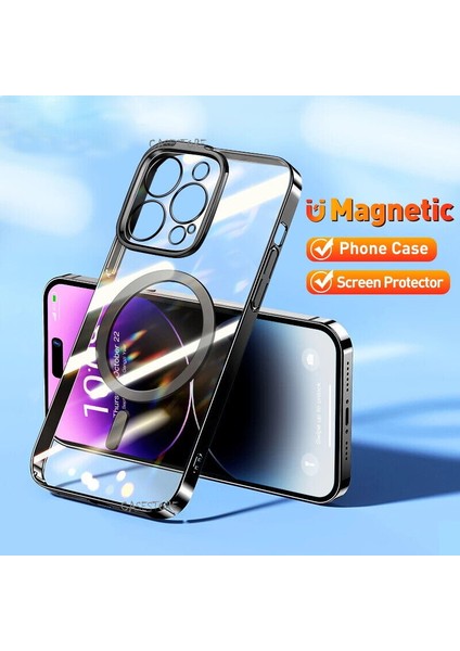 Iphone Apple 14 Pro Max Uyumlu 6.7inç Kılıf Magsafe Halkalı Gbox Kamera Lens Korumalı Parlak Şeffaf Silikon Derin Mor Magnetik Wireless Şarj Özellikli Parlak Mor Kenarlı