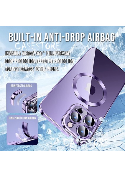 Iphone Apple 14 Pro Max Uyumlu 6.7inç Kılıf Magsafe Halkalı Gbox Kamera Lens Korumalı Parlak Şeffaf Silikon Derin Mor Magnetik Wireless Şarj Özellikli Parlak Mor Kenarlı