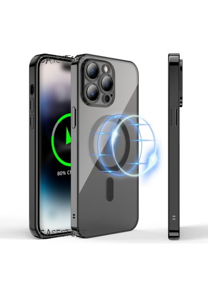 Iphone Apple 14 Pro Max Uyumlu 6.7inç Kılıf Magsafe Halkalı Gbox Kamera Lens Korumalı Parlak Şeffaf Silikon Derin Mor Magnetik Wireless Şarj Özellikli Parlak Mor Kenarlı