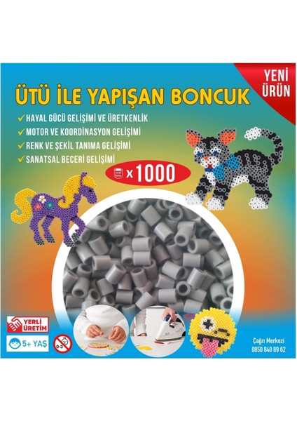 Ütü ile Yapışan 1000'li Gri Boncuk-Tabla-Cımbız 3'lü Set