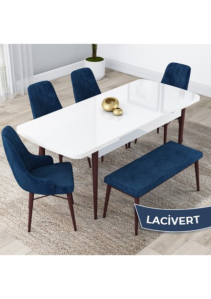 Concept Kar Serisi, 80X132 Açılabilir Mdf Masa Takımı, Beyaz Masa Ceviz Ayak 4 Sandalye 1 Bench