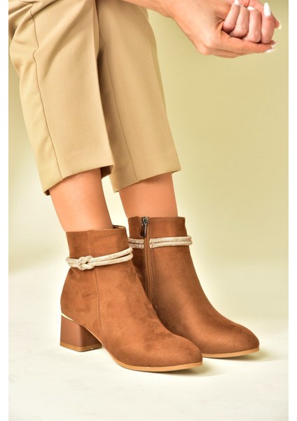 Taba Süet Taş Detaylı Kalın Topuklu Kadın Bot N251035002