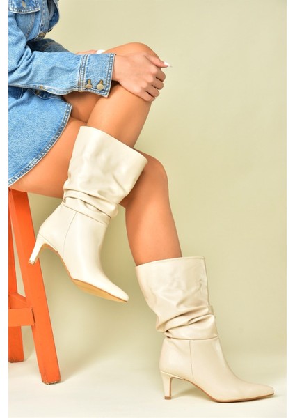 Bej Büzgülü Kısa Topuklu Kadın Bot L882861909