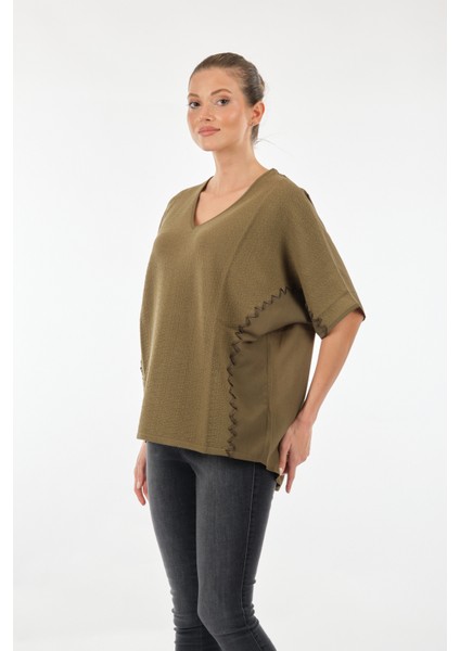 Oversize V Yaka Kadın Bluz - Kısa Kol Minimalist Günlük fırsatları