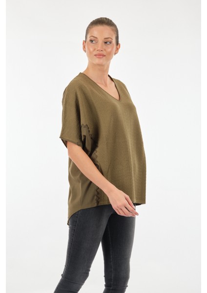 Oversize V Yaka Kadın Bluz - Kısa Kol Minimalist Günlük indirimleri