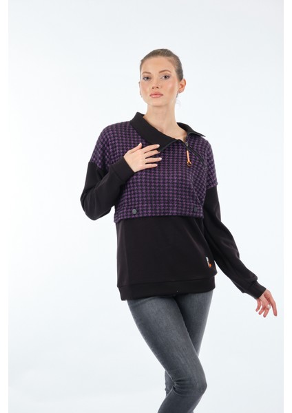 Gömlek Yaka Desenli Uzun Kollu Siyah Kadın Sweatshirt 22233303