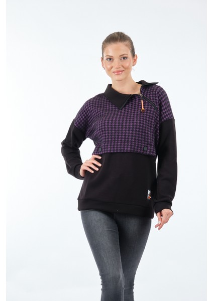 Gömlek Yaka Desenli Uzun Kollu Siyah Kadın Sweatshirt 22233303