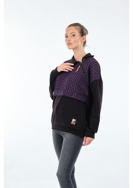 Gömlek Yaka Desenli Uzun Kollu Siyah Kadın Sweatshirt 22233303