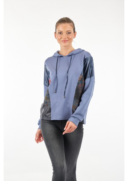 Kapüşonlu Desenli Uzun Kollu Indigo Kadın Sweatshirt 22233310