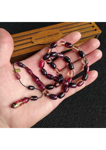 7X11 mm Fares Baydoun Usta Işçilikli Ateşi Kehribar Tesbih Faris Imzalı Tespih Ahşap Kutulu Püskül Hediyeli