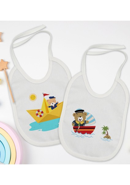 Kids Sevimli Kaptan Tasarımlı 2’li Beyaz Mama Önlüğü-1