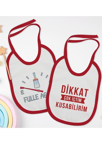 Kids Fulle Aganı ve Kusabilirim Tasarımlı 2’li Kırmızı Mama Önlüğü-1