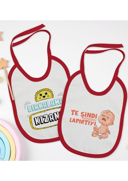 Kids Bırkalama ve Te Şindi Tasarımlı 2’li Kırmızı Mama Önlüğü-1