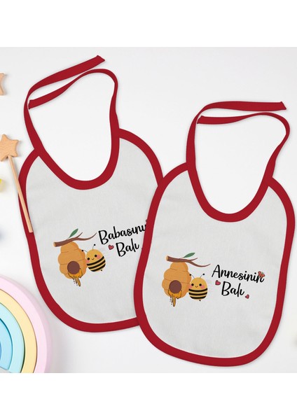 Kids Annesinin ve Babasının Balı Tasarımlı 2’li Kırmızı Mama Önlüğü-1