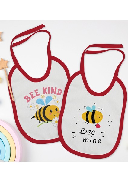 Kids Bee Kind ve Bee Mine Tasarımlı 2’li Kırmızı Mama Önlüğü-1