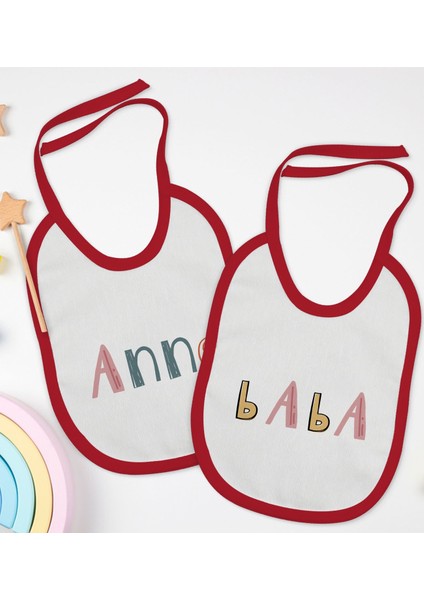 Kids Anne ve Baba Tasarımlı 2’li Kırmızı Mama Önlüğü-1