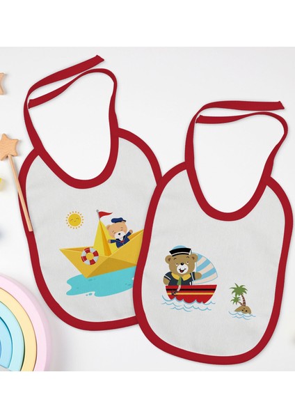 Kids Sevimli Kaptan Tasarımlı 2’li Kırmızı Mama Önlüğü-1