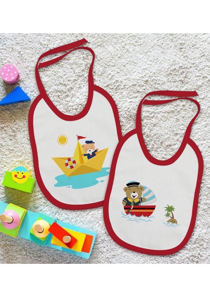 Kids Sevimli Kaptan Tasarımlı 2’li Kırmızı Mama Önlüğü-1 fiyatları