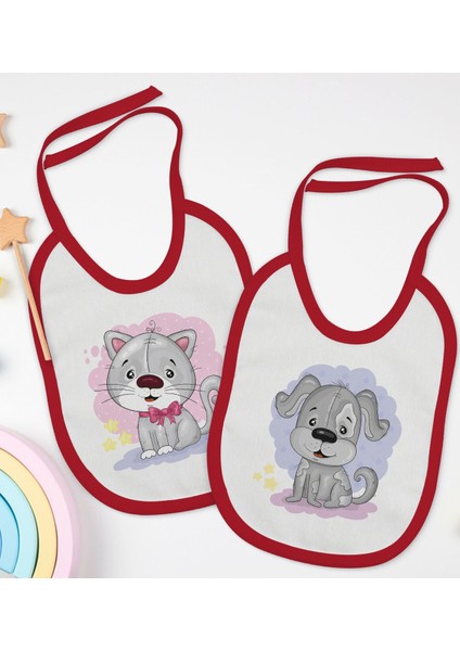 Kids Sevimli Kedi ve Köpek Tasarımlı 2’li Kırmızı Mama Önlüğü-1