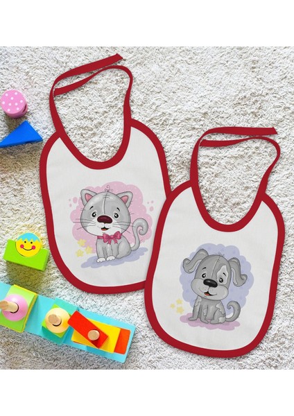 Kids Sevimli Kedi ve Köpek Tasarımlı 2’li Kırmızı Mama Önlüğü-1 fiyatları