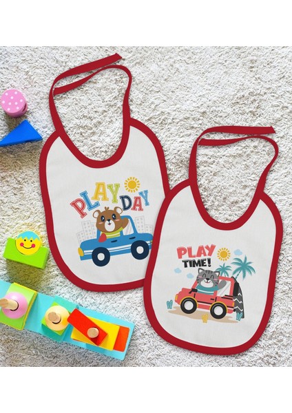 Kids Play Time ve Play Day Tasarımlı 2’li Kırmızı Mama Önlüğü-1 fiyatları