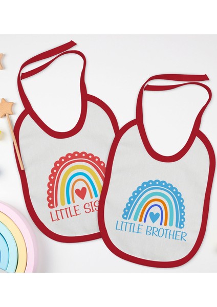 Kids Little Sister ve Brother Tasarımlı 2’li Kırmızı Mama Önlüğü-1