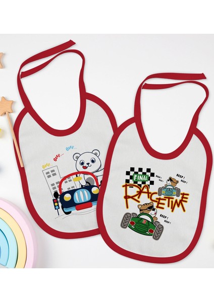 Kids Sevimli Sürücü Tasarımlı 2’li Kırmızı Mama Önlüğü-1