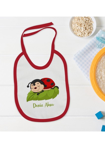 Kids Kişiye Özel Uğur Böceği Tasarımlı Kırmızı Bebek Mama Önlüğü-2