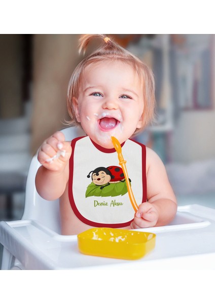 Kids Kişiye Özel Uğur Böceği Tasarımlı Kırmızı Bebek Mama Önlüğü-2 fiyatları