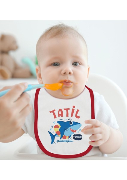 Kids Kişiye Özel Tatil Zamanı Tasarımlı Kırmızı Bebek Mama Önlüğü-1