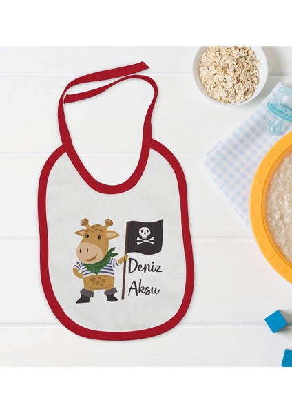 Kids Kişiye Özel Sevimli Korsan Tasarımlı Kırmızı Bebek Mama Önlüğü-3
