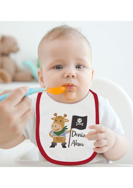 Kids Kişiye Özel Sevimli Korsan Tasarımlı Kırmızı Bebek Mama Önlüğü-3 fiyatları