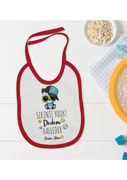 Kids Kişiye Özel Sıkıntı Yok Dedem Halleder Tasarımlı Kırmızı Bebek Mama Önlüğü-1