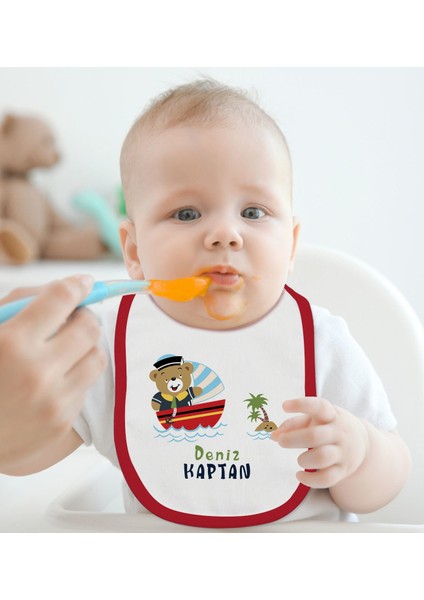 Kids Kişiye Özel Sevimli Kaptan Tasarımlı Kırmızı Bebek Mama Önlüğü-2