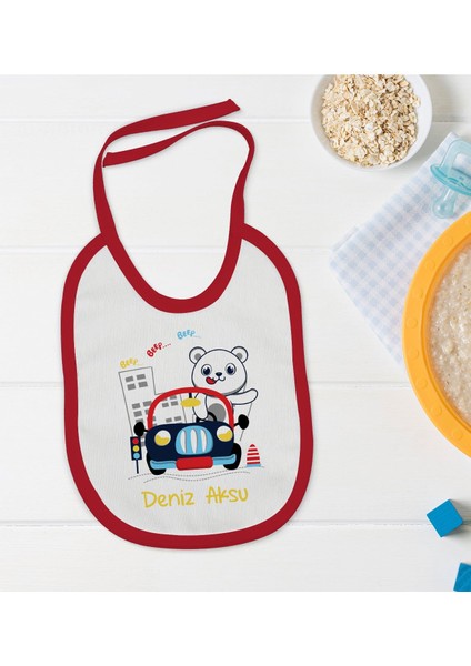 Kids Kişiye Özel Sevimli Sürücü Tasarımlı Kırmızı Bebek Mama Önlüğü-1